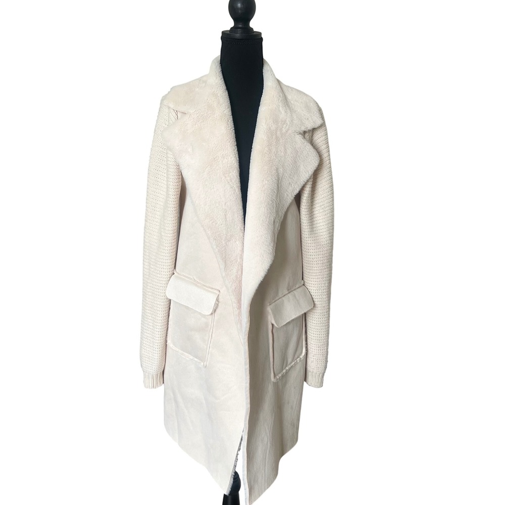 Love Token Womens Cream‎ Faux Suede Fur Knit Mixed Media Open Front Coat Large